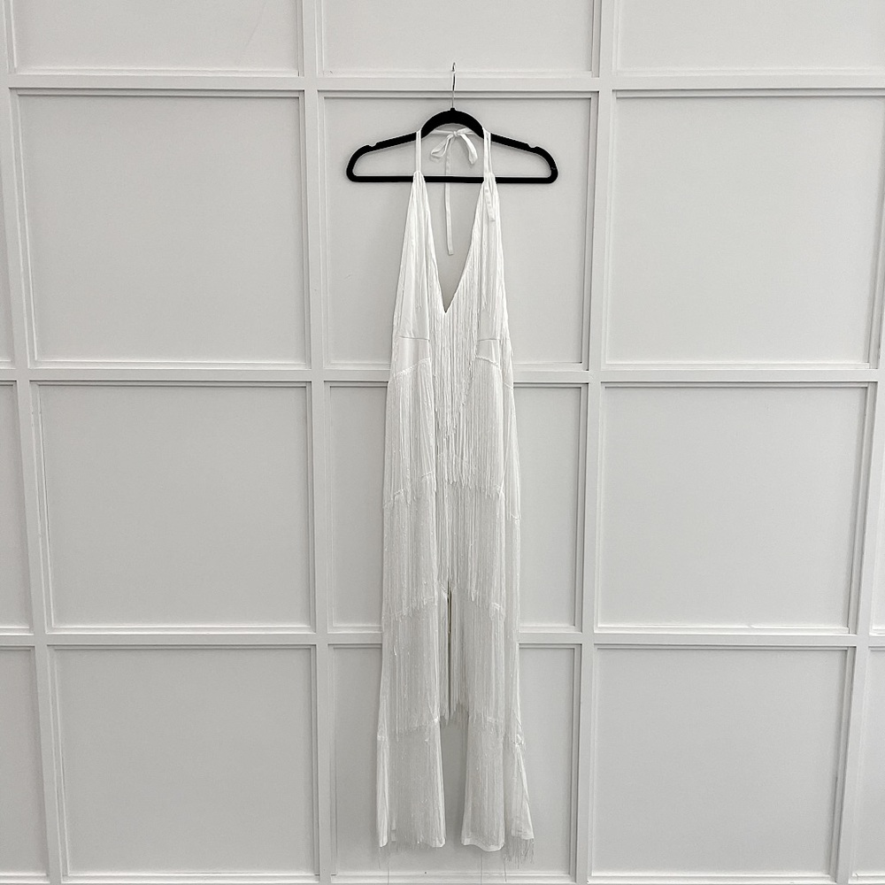 WHITE TASSEL PLUNGE JUMPSUIT